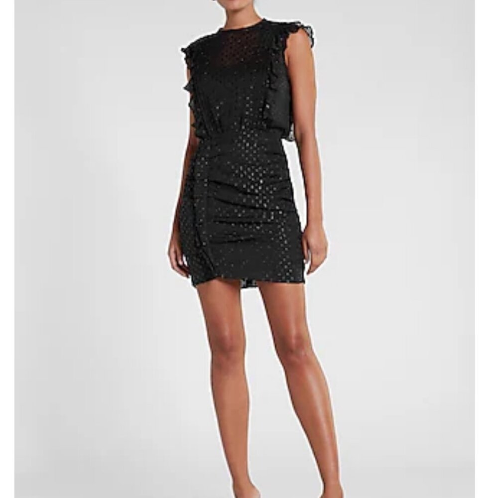 Express Black Mini Dress with Ruffle Shoulders and Stud Accents